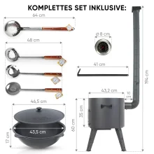 Utschak Feuerofen Ø 44 cm + Gusseisen-Kasan 16 l, Ø 46,5 cm, runder Boden + Küchenzubehör, Usbekischer Kochtopf aus Gusseisen