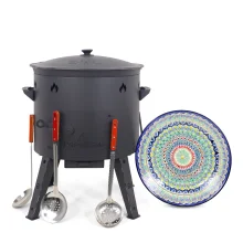 Utschak Feuerofen Ø 49 cm + Gusseisen-Kasan 22 L, flacher Boden + Küchenzubehör, Usbekischer Kochtopf aus Gusseisen