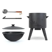 Set - Feuerofen - KazanoFF, für usbekischen Kasan 16 Liter, Ø 44 cm + Gusseisenkasan, Aluminiumdeckel, flacher Boden, Ø 46,5 cm, 16 l + Schaumlöffel 4