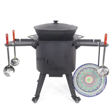 Учаг печь Ø 44 см + чугунный казан 16 л, плоское дно, колёса, столики, плита + кухонные принадлежности, узбекский чугунный казан для гриля и плова