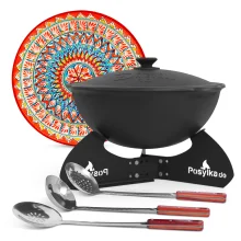 Kasan aus Gusseisen, Aluminiumdeckel, runder Boden, Ø 36,7 cm, 10 l + Ständer + Lagan Ø 32 cm + Küchenzubehör