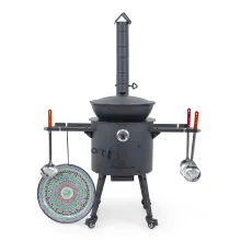 Utschak Feuerofen Ø 40 cm + Gusseisen-Kasan 12 L, runder Boden + Küchenzubehör, Usbekischer Kochtopf aus Gusseisen
