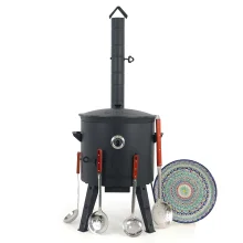 Utschak Feuerofen Ø 44 cm + Gusseisen-Kasan 16 l, Ø 46,5 cm, runder Boden + Küchenzubehör, Usbekischer Kochtopf aus Gusseisen