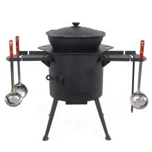 Utschak Feuerofen Ø 36 cm + Gusseisen-Kasan 10 L, flacher Boden, Ablagetische, Ofenplatte + Küchenzubehör, Usbekischer Kochtopf aus Gusseisen