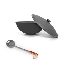 Set - Kasan aus Gusseisen, Aluminiumdeckel, flacher Boden, Ø 46,5 cm, 16 l + Schaumlöffel 48 cm 