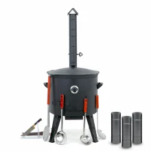 Utschak Feuerofen Ø 49 cm + Gusseisen-Kasan 22 L, Ø 52,7 cm, runder Boden + Küchenzubehör, Usbekischer Kochtopf aus Gusseisen
