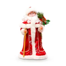Figur - Weihnachtsmann, im roten Pelzmantel mit Stab, 35 cm