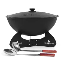 Kasan aus Gusseisen, Aluminiumdeckel, runder Boden, Ø 46,5 cm, 16 l + Untergestell + Küchenutensilien