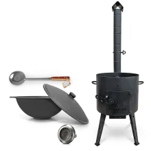 Utschak Feuerofen Ø 40 cm + Gusseisen-Kasan 12 L, flacher Boden + Küchenzubehör, Usbekischer Kochtopf aus Gusseisen