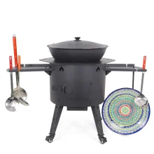 Учаг печь Ø 49 см + чугунный казан 22 л, плоское дно, колёса, столики, плита + кухонные принадлежности, узбекский чугунный казан для гриля и плова
