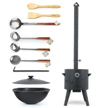 Set - Feuerofen - KasanoFF, 16 Liter, Ø 44 cm + Rohrverlängerung + Thermometer + Gusseisenkasan, flacher Boden, Ø 46,5 cm, 16 l + Schaumlöffel: 3 Stk.