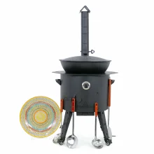 Utschak Feuerofen Ø 49 cm + Gusseisen-Kasan 22 L, runder Boden + Küchenzubehör, Usbekischer Kochtopf aus Gusseisen