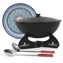 Kasan aus Gusseisen, Aluminiumdeckel, runder Boden, Ø 46,5 cm, 16 l + Ständer + Lagan Ø 37 cm + Küchenutensilien