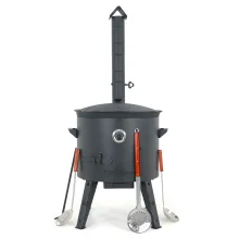 Utschak Feuerofen Ø 49 cm + Gusseisen-Kasan 22 L, Ø 52,7 cm, runder Boden + Küchenzubehör, Usbekischer Kochtopf aus Gusseisen für Grill & Plov