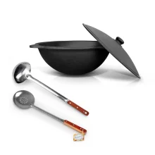 Set - Gusseisenkasan, Aluminiumdeckel, flacher Boden, Ø 37 cm, 8 l + Schaumlöffel 48 cm + Schöpfkelle 48 cm