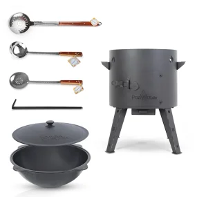 Set - Uchag Feuerofen - KasanoFF, 16 Liter, Ø 44 cm + Gusseisenkessel, runder Boden, Ø 46,5 cm, 16 l + Schaumlöffel 64 cm + Schöpfkelle 48 cm