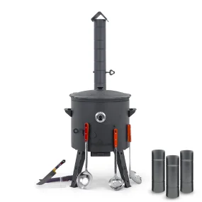 Utschak Feuerofen Ø 44 cm + Gusseisen-Kasan 16 l, Ø 46,5 cm, runder Boden + Küchenzubehör, Usbekischer Kochtopf aus Gusseisen