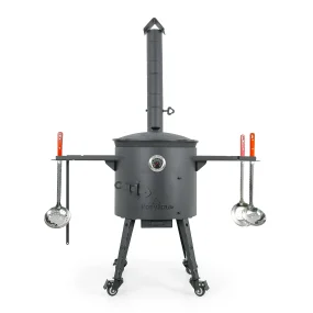 Utschak Feuerofen Ø 40 cm + Gusseisen-Kasan 12 L, flacher Boden + Küchenzubehör, Usbekischer Kochtopf aus Gusseisen