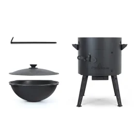 Set - Feuerofen - KazanoFF, für usbekischen Kasan12 Liter, Ø 40 cm + Gusseisenkasan, Aluminiumdeckel, flacher Boden, Ø 42,5 cm, 12 l