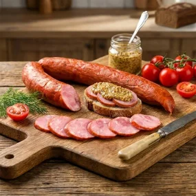 Brühwurst - Uletnaja, mit Knoblauch, Schweinefleisch, Tri Porosenka, 380 g
