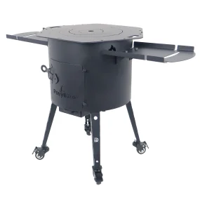 Utschak Feuerofen Ø 40 cm + Gusseisen-Kasan 12 L, runder Boden, Transportrollen, Ablagetische, Ofenplatte + Küchenzubehör, Usbekischer Kochtopf aus Gu