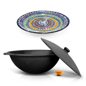 Set - Gusseiserner Kasan mit Aluminiumdeckel, rundem Boden, 22 l, Ø 52,7 cm + Ljagan Ø 42 cm + Griff für den Kasan