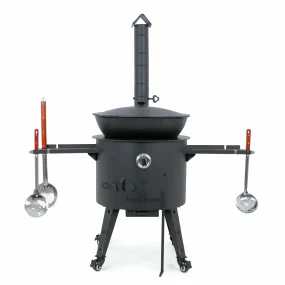 Utschak Feuerofen Ø 49 cm + Gusseisen-Kasan 22 L, flacher Boden + Küchenzubehör, Usbekischer Kochtopf aus Gusseisen