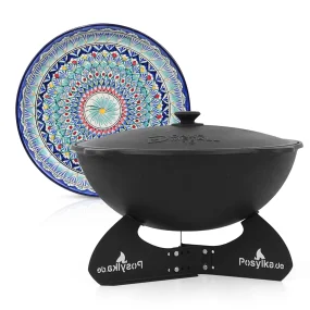 Kasan aus Gusseisen, Aluminiumdeckel, runder Boden, Ø 46,5 cm, 16 l + Ständer + Lagan Ø 37 cm + Küchenutensilien