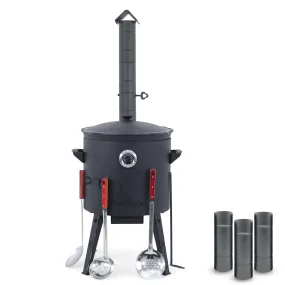 Utschak Feuerofen Ø 40 cm + Gusseisen-Kasan 12 L, runder Boden + Küchenzubehör, Usbekischer Kochtopf aus Gusseisen