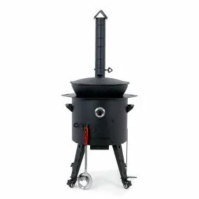 Utschak Feuerofen Ø 44 cm + Gusseisen-Kasan 16 l, Ø 46,5 cm, flacher Boden + Küchenzubehör, Usbekischer Kochtopf aus Gusseisen