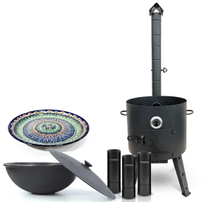 Set - Feuerofen - KasanoFF, 16 Liter, Ø 44 cm + Rohrverlängerung + Gusseisenkasan, flacher Boden, Ø 46,5 cm, 16 l + Thermometer + Lagan MIX-Muster, Ø 