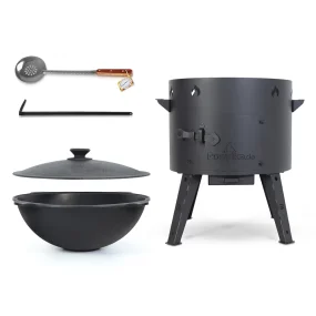  Set - Feuerofen - KazanOFF, für Kasan 22 Liter, Ø 49 cm + Gusseisenkasan, Aluminiumdeckel, flacher Boden, 22 l, Ø 52,7 cm + Schaumlöffel für Plow