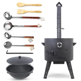 Set - Feuerofen - KazanoFF, 22 Liter, Ø 49 cm + Gusseisenkasan mit rundem Boden, 22 l, Ø 52,7 cm + Thermometer + Schaumlöffel: 3 Stk. + Schöpfkelle + 