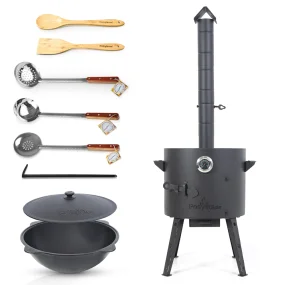 Set - Feuerofen - KasanoFF, 12 Liter, Ø 40 cm, Thermometer, Gusseisenkasan, runder Boden, Ø 42,5 cm, 12 l, Schaumlöffel: 2 Stk., Schöpfkelle, Spatel,L