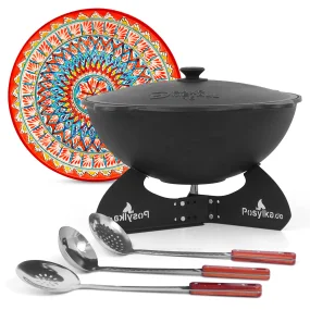 Kasan aus Gusseisen, Aluminiumdeckel, flacher Boden, Ø 46,5 cm, 16 l + Ständer + Lagan Ø 37 cm + Küchenutensilien