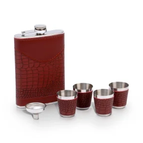 Geschenkset 6 in 1: Flachmann 270 ml, Trichter, 4 Gläser, braun, 17 x 21 cm Geschenkset 6 in 1: Flachmann 270 ml, Trichter, 4 Gläser, braun, 17 x 21 cm