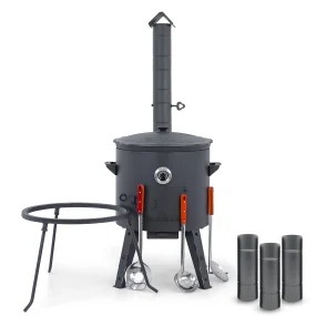 Utschak Feuerofen Ø 44 cm + Gusseisen-Kasan 16 l, Ø 46,5 cm, flacher Boden + Küchenzubehör, Usbekischer Kochtopf aus Gusseisen