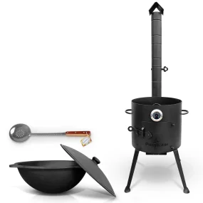 Utschak Feuerofen Ø 36 cm + Gusseisen-Kasan 10 L, flacher Boden + Küchenzubehör, Usbekischer Kochtopf aus Gusseisen