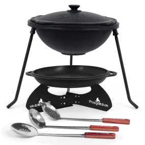 Kasan aus Gusseisen, Aluminiumdeckel, flacher Boden, Ø 36,7 cm, 10 l + Untersetzer + Dreibein + Pfannendeckel Ø 42,5 cm + Küchenzubehör