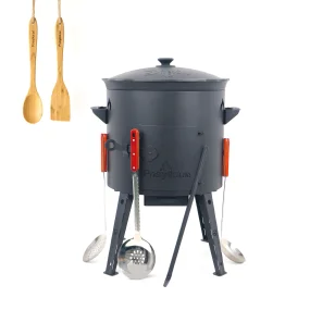 Utschak Feuerofen Ø 40 cm + Gusseisen-Kasan 12 L, Ø 42,5 cm, runder Boden + Küchenzubehör, Usbekischer Kochtopf aus Gusseisen für Grill & Plov