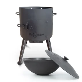 Set - Feuerofen - KazanoFF, für usbekischen Kasan12 Liter, Ø 40 cm + Gusseisenkasan, Aluminiumdeckel, flacher Boden, Ø 42,5 cm, 12 l