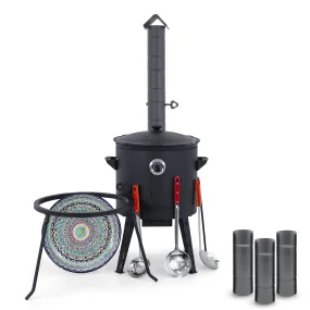 Utschak Feuerofen Ø 40 cm + Gusseisen-Kasan 12 L, flacher Boden + Küchenzubehör, Usbekischer Kochtopf aus Gusseisen