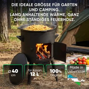 Utschak Feuerofen Ø 40 cm + Gusseisen-Kasan 12 L, Ø 42,5 cm, runder Boden + Küchenzubehör, Usbekischer Kochtopf aus Gusseisen