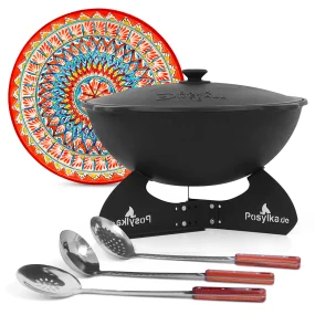 Kasan aus Gusseisen, Aluminiumdeckel, runder Boden, Ø 46,5 cm, 16 l + Ständer + Lagan Ø 37 cm + Küchenutensilien