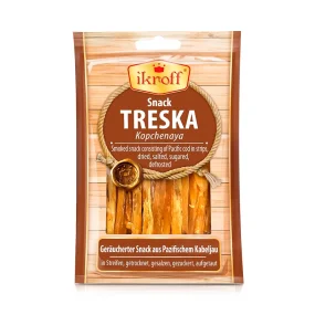 Snack aus Pazifischem Kabeljau in Streifen, gesalzen und gezuckert, geräucherte, Ikroff, 36 g