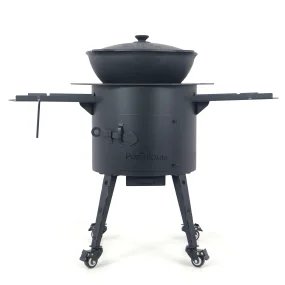 Utschak Feuerofen Ø 40 cm + Gusseisen-Kasan 12 L, runder Boden, Transportrollen, Ablagetische, Ofenplatte + Küchenzubehör, Usbekischer Kochtopf aus Gu