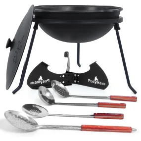 Kasan aus Gusseisen, Aluminiumdeckel, runder Boden, Ø 46,5 cm, 16 l + Untersetzer + Dreibein + Küchenzubehör