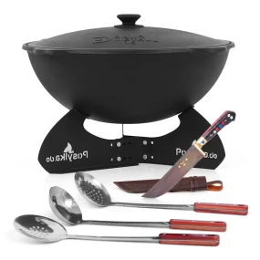 Kasan aus Gusseisen, Aluminiumdeckel, runder Boden, Ø 46,5 cm, 16 l + Ständer + Küchenzubehör