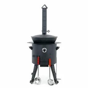 Utschak Feuerofen Ø 44 cm + Gusseisen-Kasan 16 l, Ø 46,5 cm, flacher Boden + Küchenzubehör, Usbekischer Kochtopf aus Gusseisen
