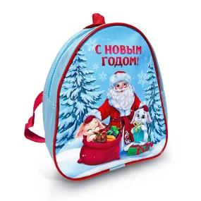 Рюкзак детский - С Новым Годом! Дед Мороз и зайчики в лесу, текстиль, цвет голубой, 20 х 23 см